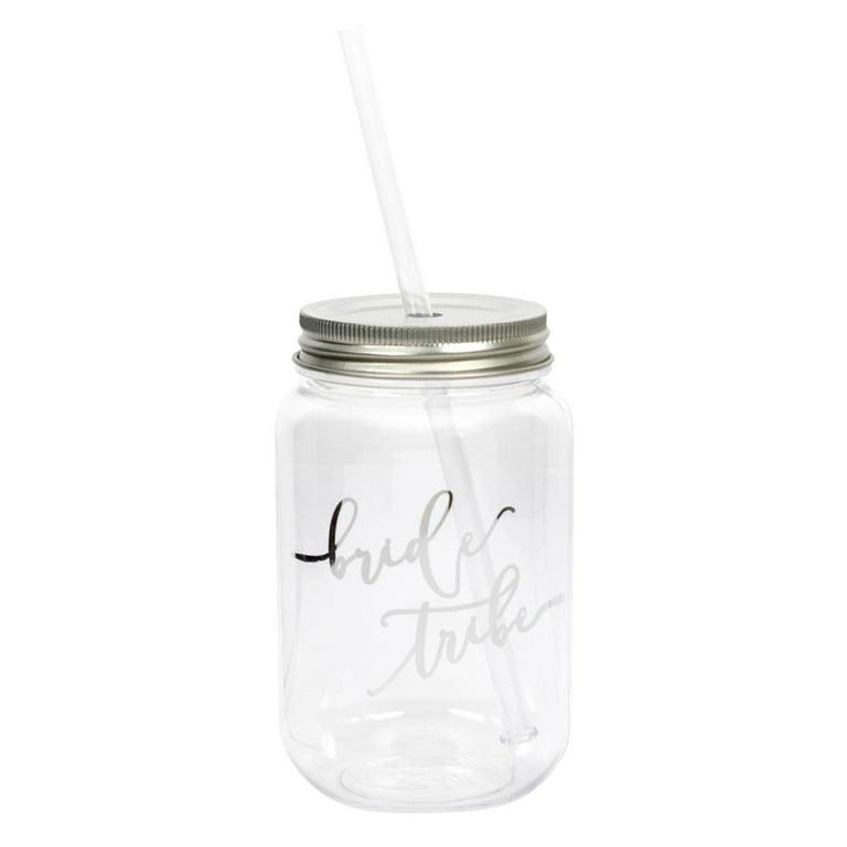 Women's Plastic Mason Jar with Silver Lid and Writing 16 oz., Pink