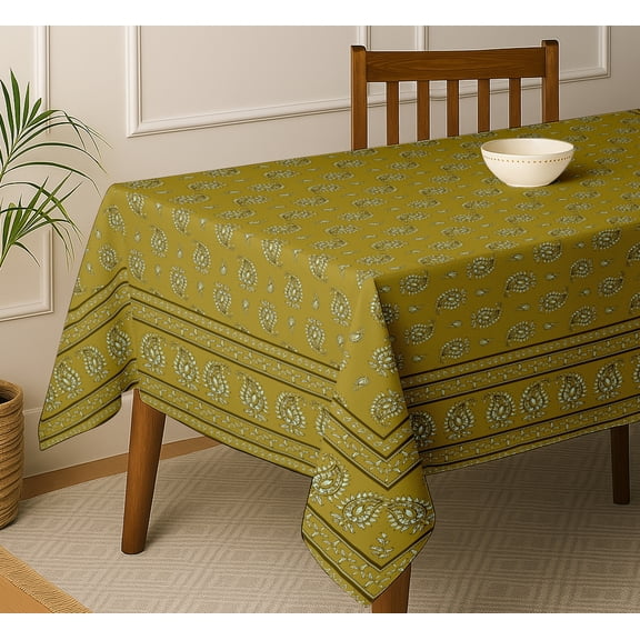 Vargottam Paisley Print Tablecloth - Green Cotton Twill Fabric, 54x54 Inch Square Dining Table Cover for 4 Seater, Durable, Everyday Dining & Parties, Matching Napkins & Runners Available