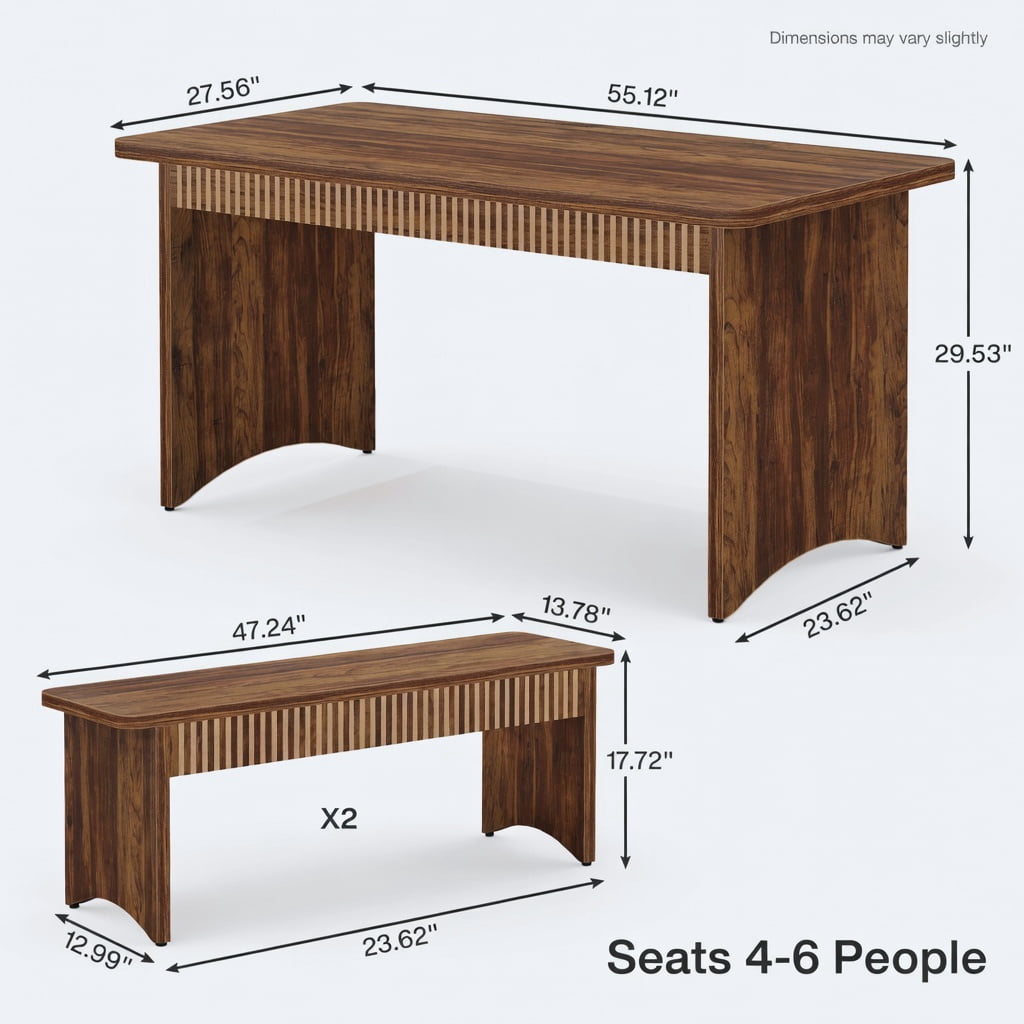 Hommoo 55 Inch Farmhouse Dining Table Set with 2 Wooden Benches, Space-Saving 3-Piece Kitchen Table for 4 to 6 People, Brown