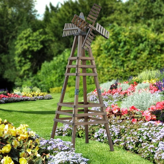 BravoInnovate Hub 6FT Heavy Duty Metal Windmill Garden Decoration Weather Vane with 4 Legs Design Yellow Outdoor Ornamental Wind Mill for Backyard