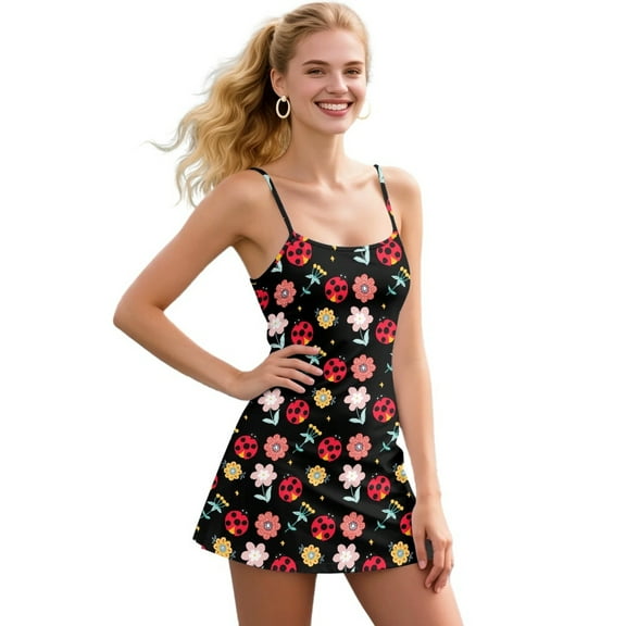 Yuyamidu Cute Ladybug Womens Tennis Dress, Flowers Workout Dress with Shorts Pockets Breathable Sleeveless Golf Athletic Dresses for Women Pickleball Outfits Size XS
