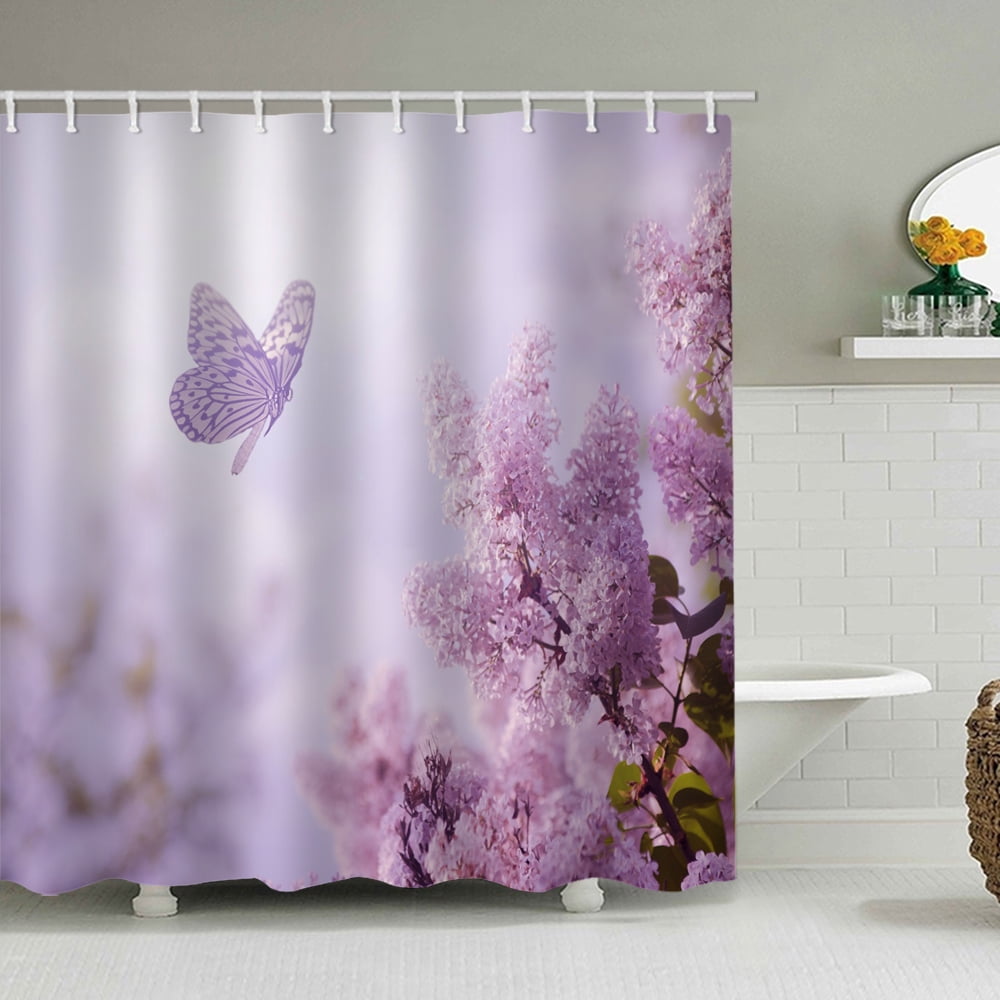 Purple Butterfly Shower Curtains for Bathroom Fabric with 12 Hooks ...