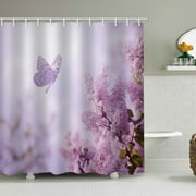 Purple Butterfly Shower Curtains for Bathroom Fabric with 12 Hooks Spring Beautiful Lavender Flowers Mauve Floral Orchid Green Waterproof Polyester Machine Washable Digital Printing Decor 71x71 inches