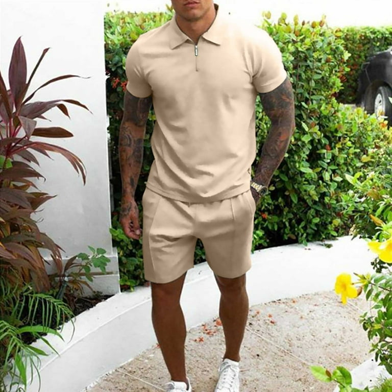 REORIAFEE 70s Disco Outfits for Men Disco Outfits Men Casual Turn down Zip  Pullover Sports Short Sleeve Suit Khaki S 