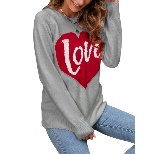 Opperiaya Pull Ample pour Femmes, Imprimé Cœur, Manches Longues, Col Rond