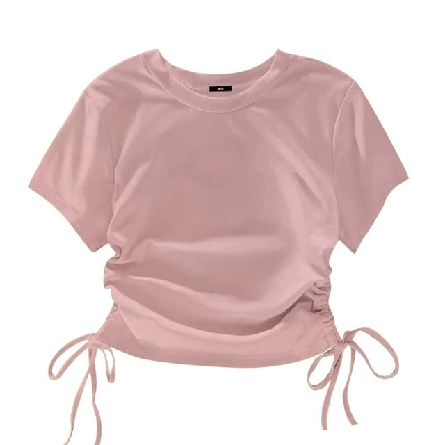 Haut à Manches Courtes avec Cordon de Serrage à la Taille pour Filles, Tissu en Mélange de Coton, Longueur Régulière, Col Rond, Tenue Décontractée Printemps Été, Prêt pour Séance Photo