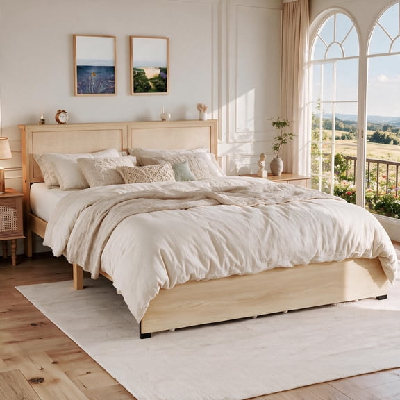 Full Platform Bed Frame with Natural Rattan Headboard | Bed Frame Full Size with 2 Storage Drawers for Bedroom, Sturdy Wooden Slat Support, No Box Spring Needed, Noise-Free