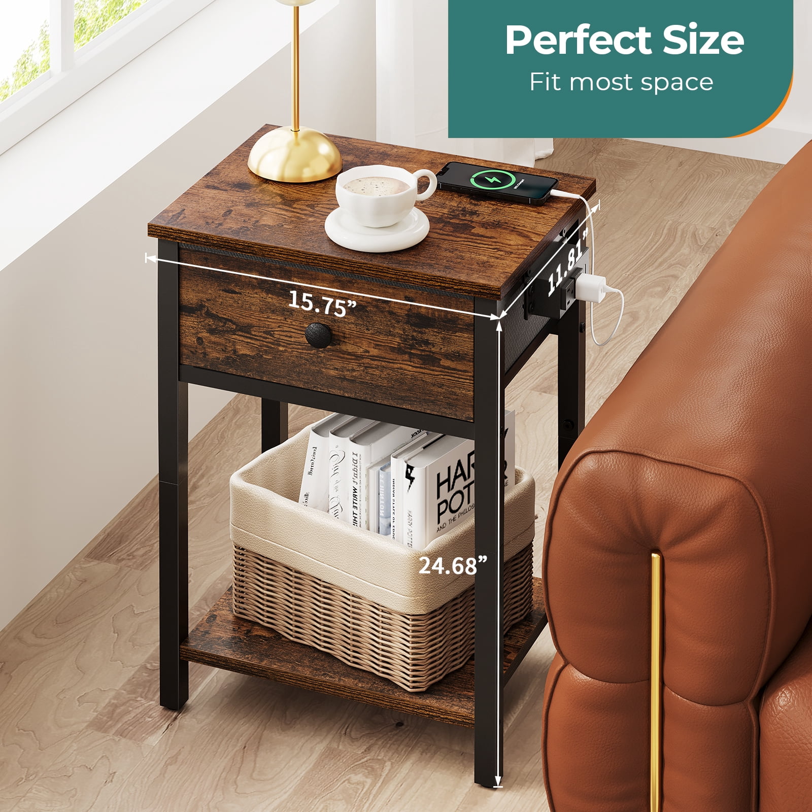 Yoobure Nightstand with Charging Station, Side Table with Large Drawer and Storage Shelf, Rustic Bedside Tables with USB Ports & Outlets for Bedroom,Living Room