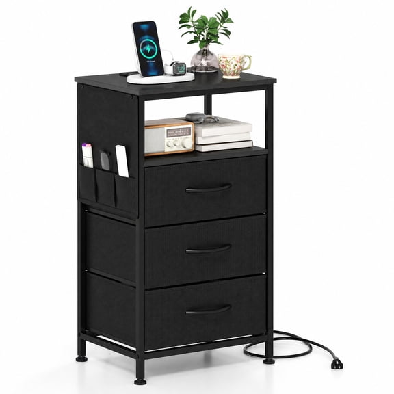 Furnibear Nightstand with Charging Station 27.5 inch Modern Bedside Table with 3 Fabric Drawers for Bedroom Living Room Bedside Sofa Side, Black