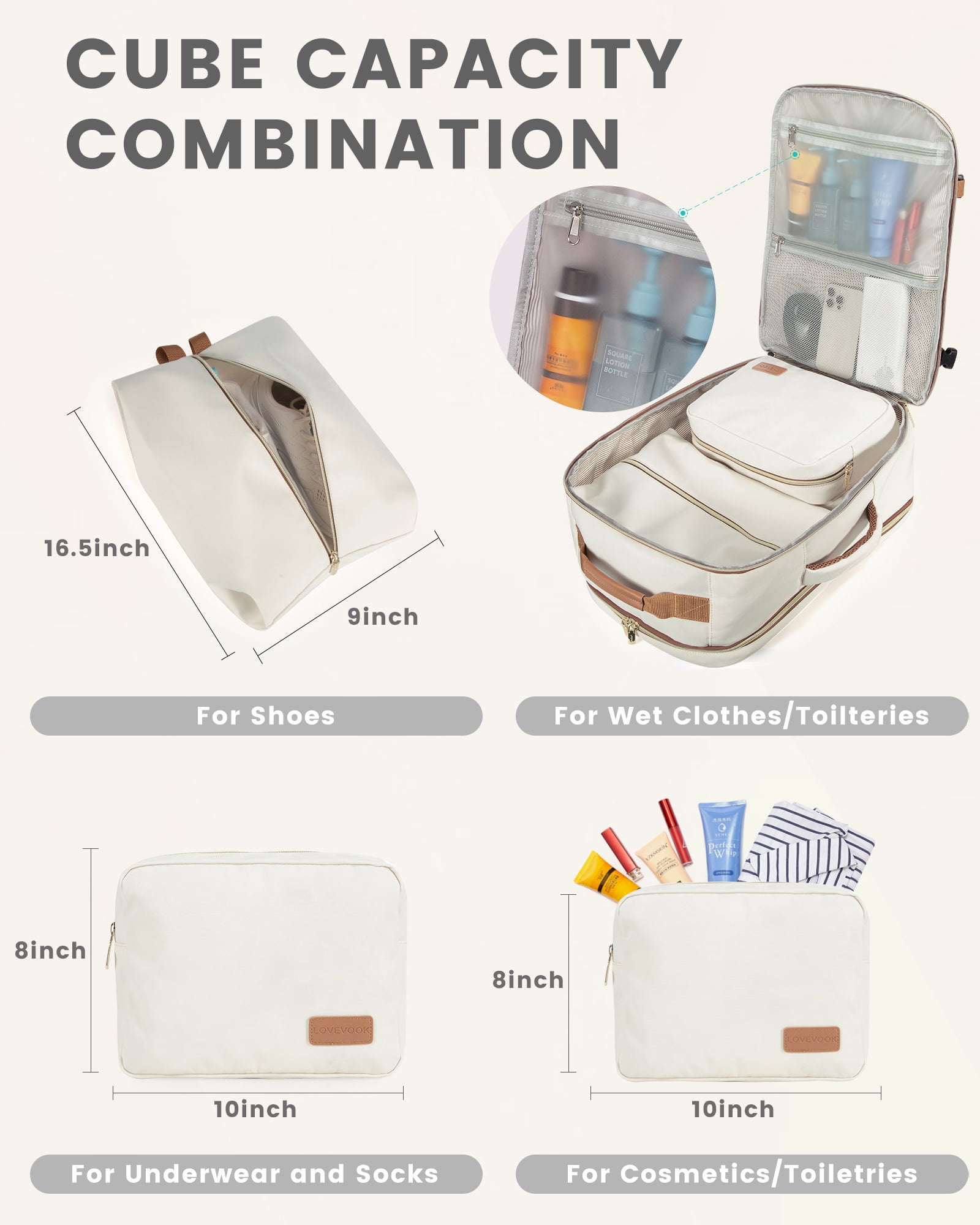 Lovevook Unisex Waterproof Travel Backpack with Packing Cubes, Beige