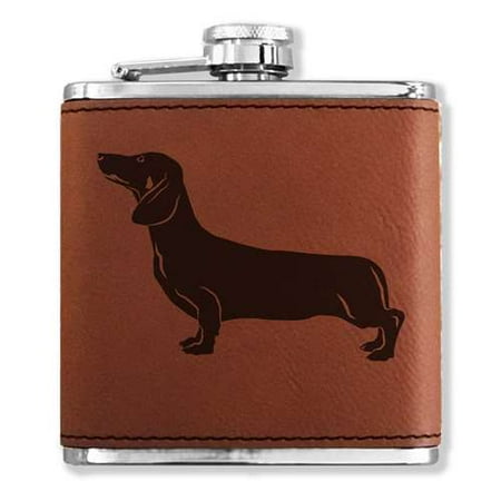 Leather Round Flask - Faux Leather Flask - Dachshund Dog - Dark Brown
