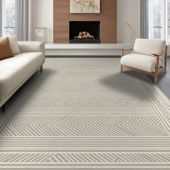 ODIKA 8'x10' Washable Area Rug Non-Slip Chair-Friendly Mat Seagrass Angled Zigzag Neutral Textured Inspired Contemporary for Dining Room, Large Office, Lounge