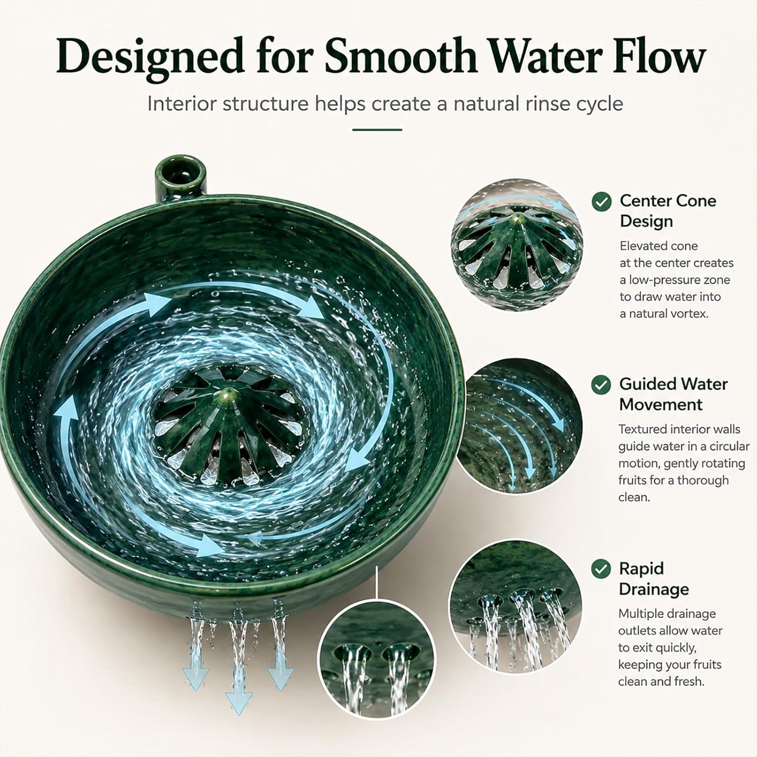 Ceramic Berry Washing Bowl with Water Vortex Design, Self Spinning Fruit Washer & Colander, Forest Green Glazed Berry Cleaner Bowl for Grapes, Blueberries, Strawberries & Small Produce (Green)