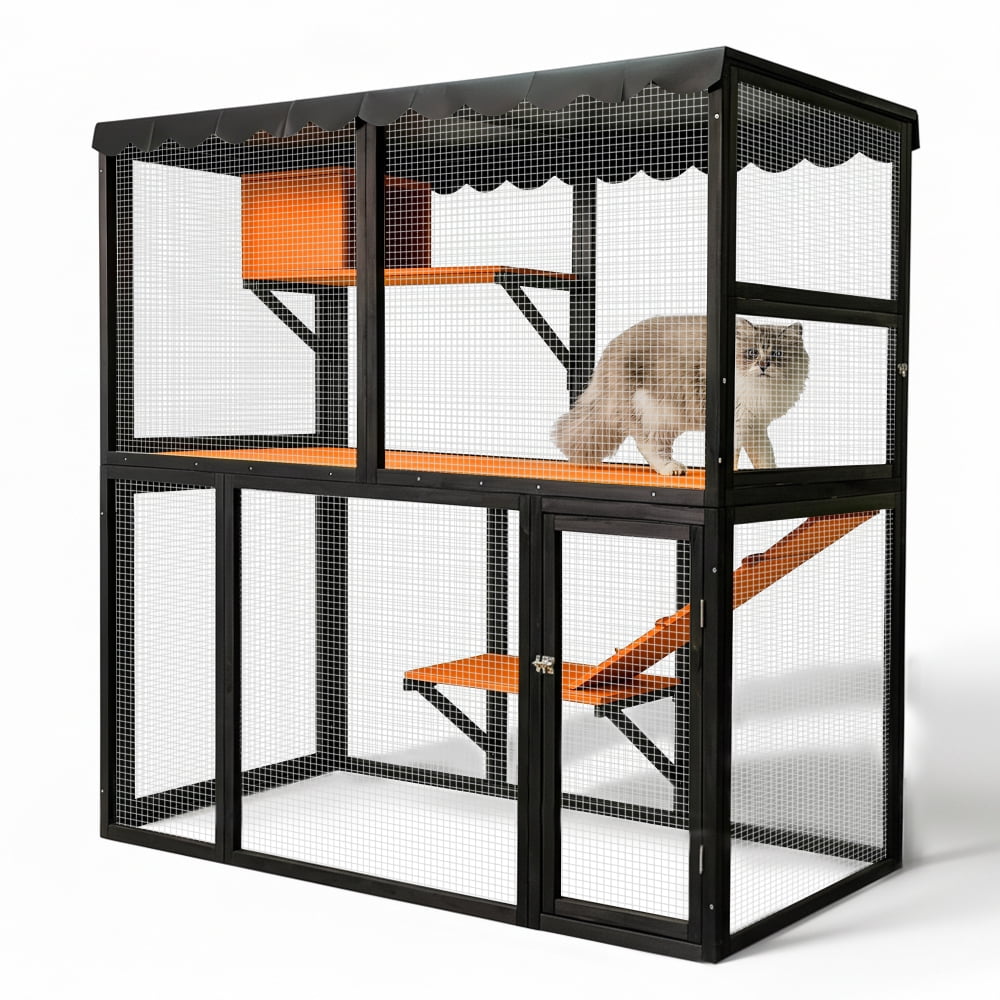 AUU Large Wooden Catio for Multiple Cats, 4-Tier Indoor/Outdoor Cat Enclosure with Waterproof Cover and Ramp