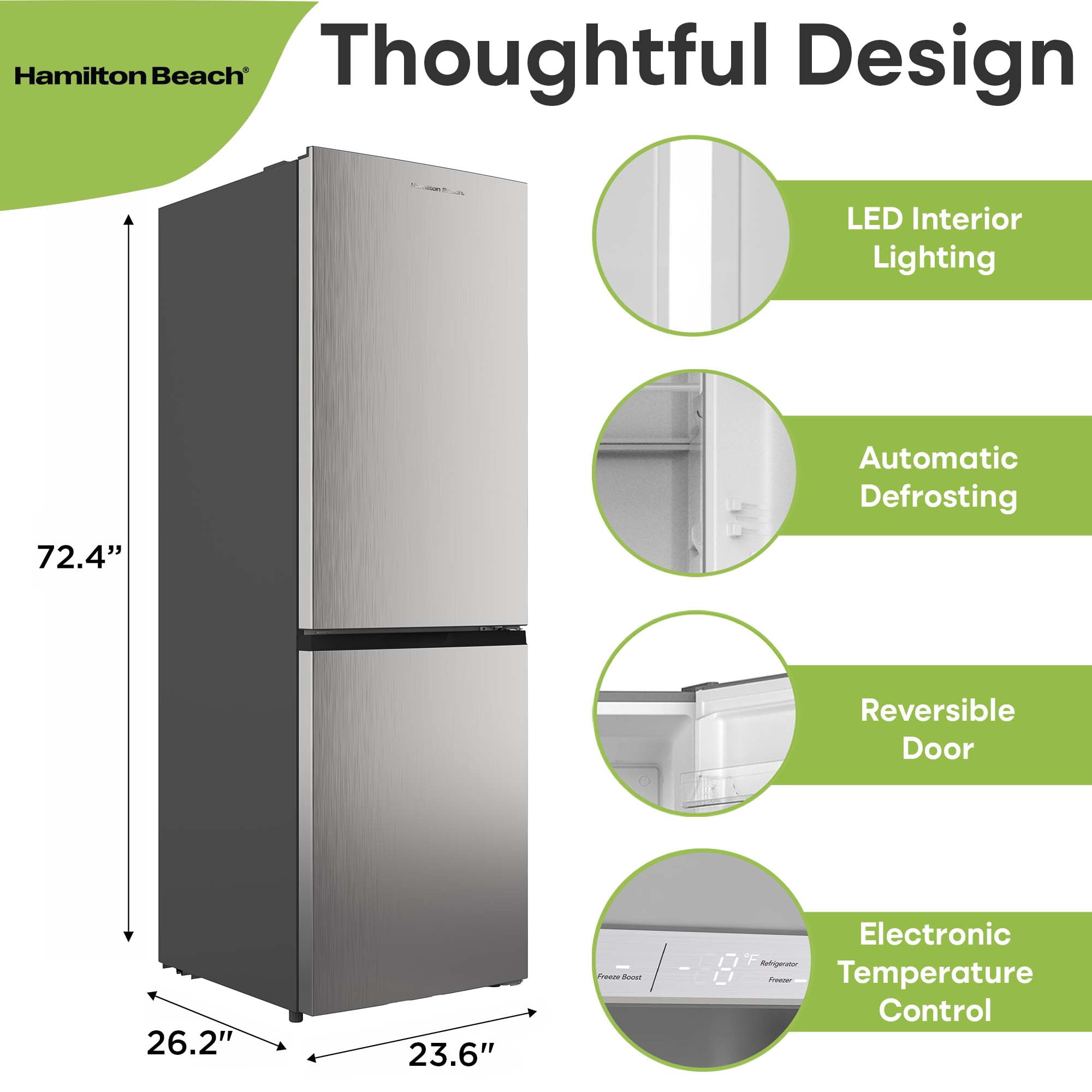 Hamilton Beach 11.5 Cu. ft. Frost-Free Refrigerator, Bottom Mount Apartment Size Fridge, Stainless Steel