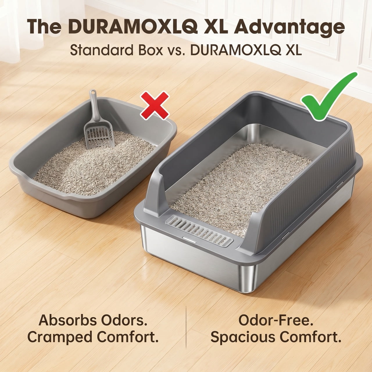DURAMOXLQ XL Stainless Steel Cat Litter Box with High Sides, 23"x15" Large Metal Litter Pan for Big & Multi Cats, Odor Control, Open Top