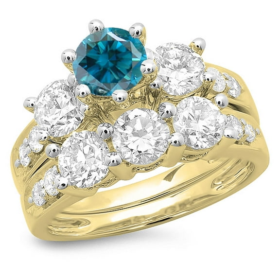 Dazzlingrock Collection 3.10 Carat (ctw) 14K Blue & White Diamond 3 Stone Engagement Ring Set 3 1/10 CT, Yellow Gold, Size 6.5