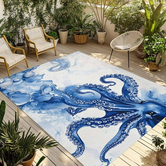 Fsddascl Blue Octopus Coastal Outdoor Rug for Patio/Deck/Porch, Non-Slip Large Area Rug 5 x 8 Ft, Nautical Summer Beach Shell Indoor Outdoor Rugs Washable Area Rugs, Reversible Camping Rug Carpet