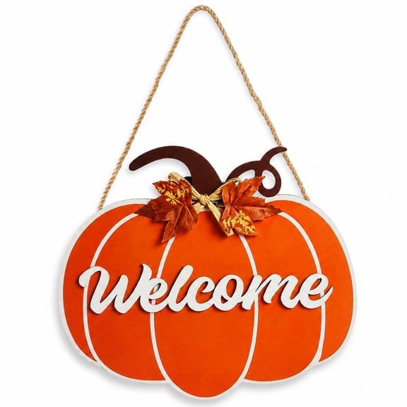 Welcome Pumpkin‑Shaped Wooden Door Hanger, Printed Welcome Front Door Sign with Maple Leaf Decor, Autumn Harvest Thanksgiving Wall Hanging Plaque for Porch Farmhouse Home Decor