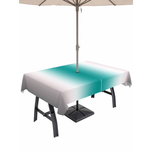 Outdoor Tablecloth with Umbrella Hole and Zipper, Gray Teal Green Waterproof Patio Tablecloth for Dining 52''x70'', Modern Gradient Geometric Wipeable Table Cover for Picnic BBQ Party Patio