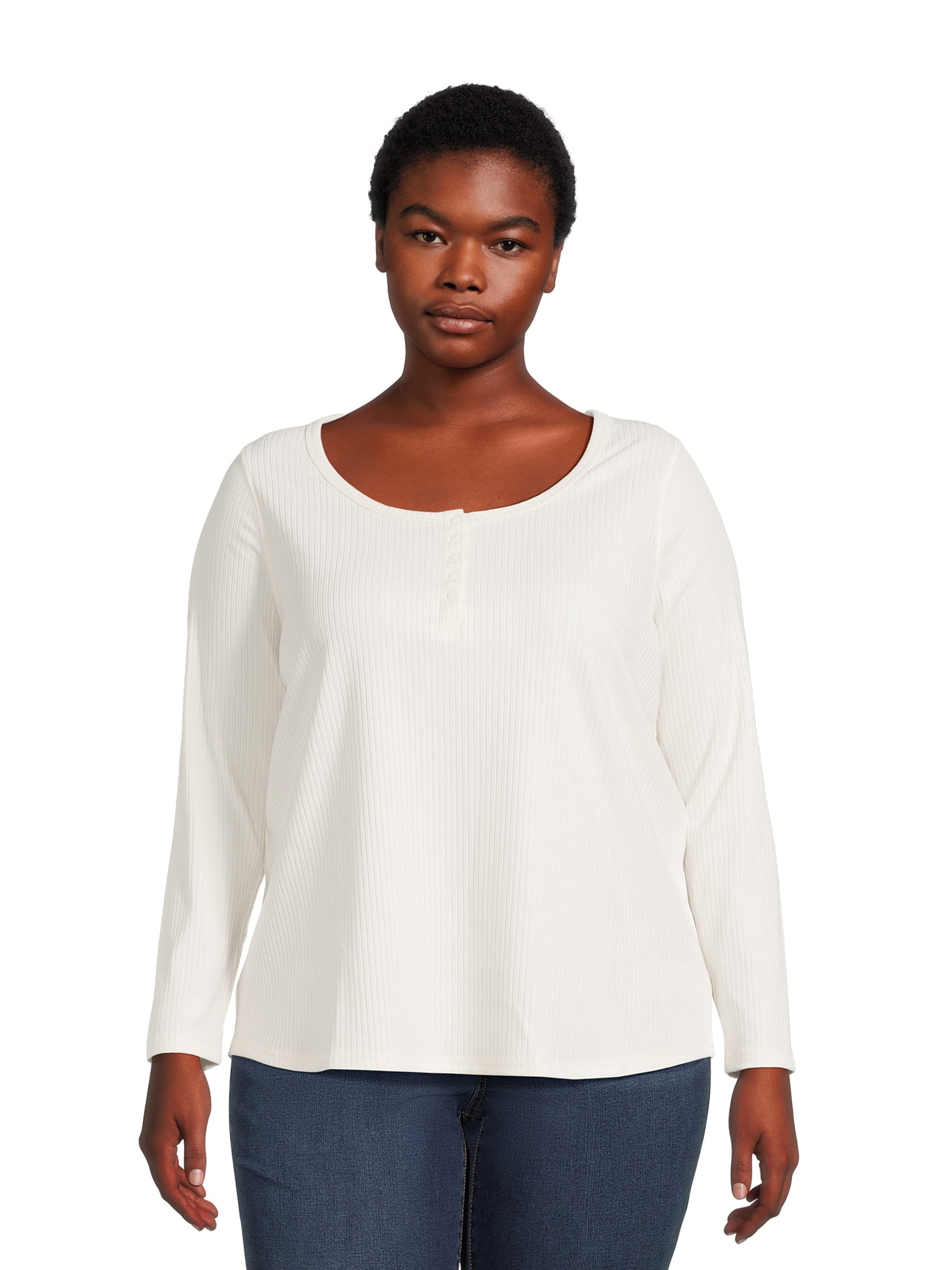 Terra & Sky Women’s Plus Henley Rib Knit Jersey Top, 2Pack