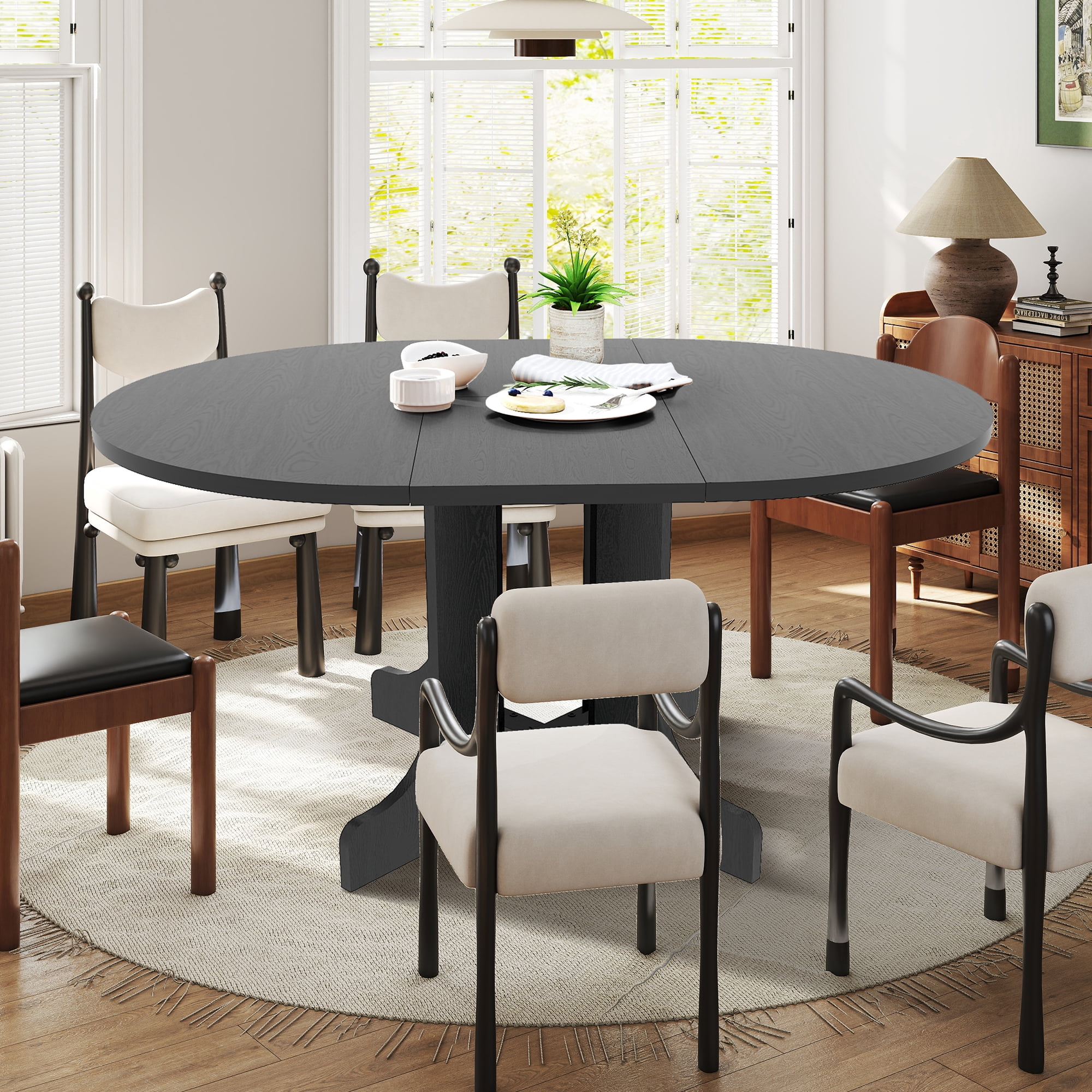 Aukfa Extendable Dining Room Table for 4-6,Oval Table Top with Removable Leaf for Kitchen Dining Living Room,Black