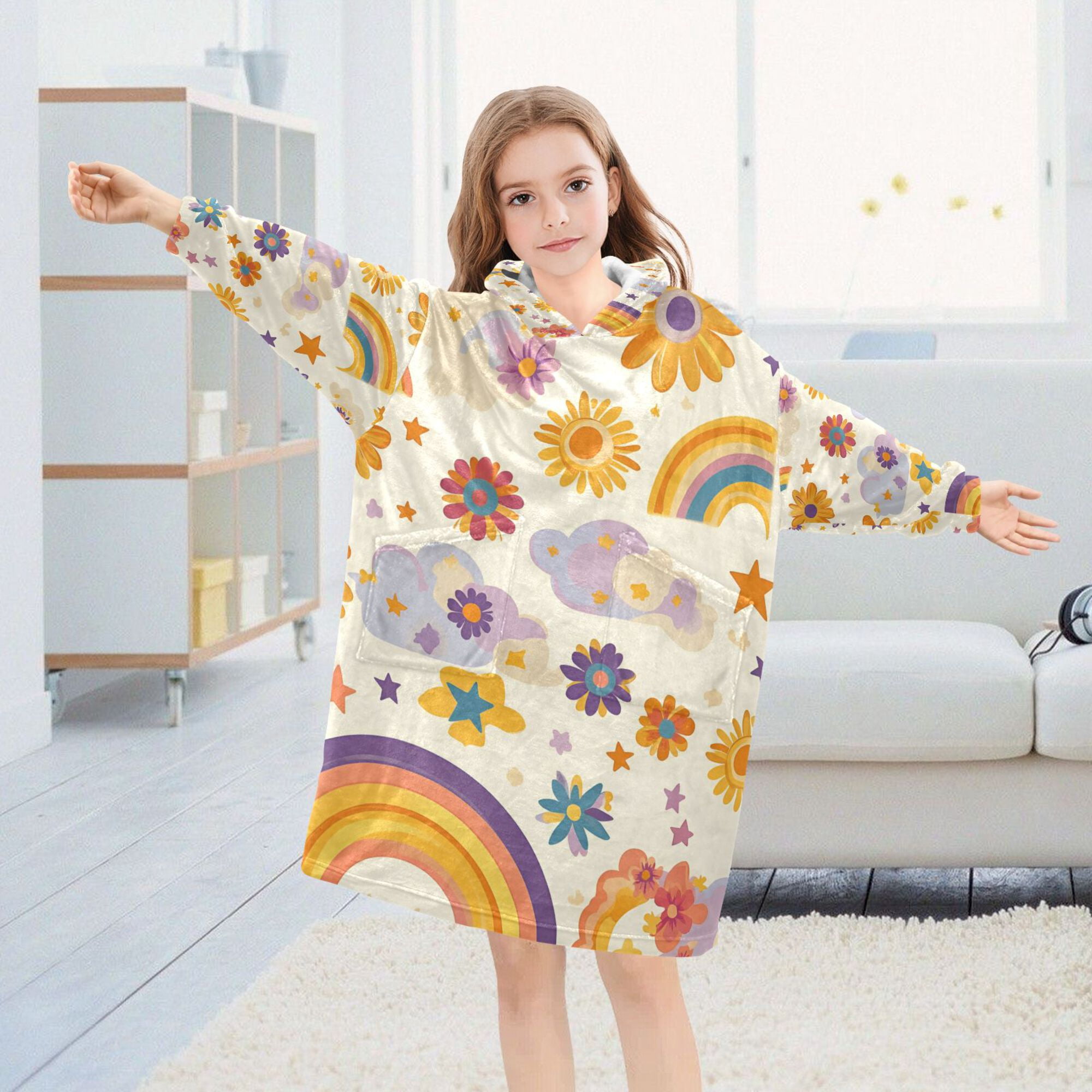 FORMRS Wearable Blanket Hoodie with Sleeves for Kids Cozy Flannel Sweatshirt, Beige Retro Rainbow