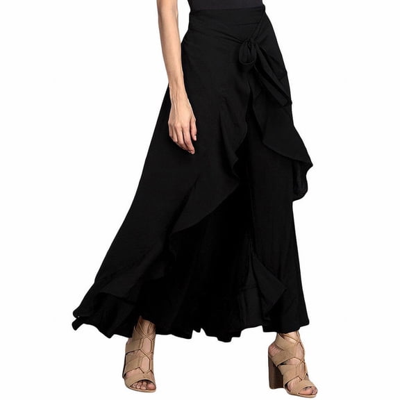 Bibifish Women's Pants Solid Color High Waisted Ruffle Hem Wide Leg Long Pants Flowy Casual Trousers Loose Fit Elegant Trousers With Pockets