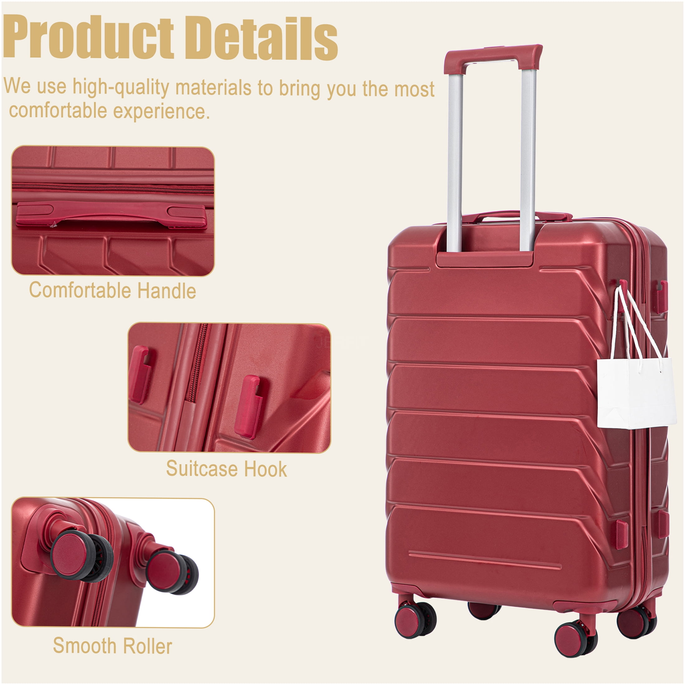 JERFIT 28" Large Checked Luggage Suitcase with 360° Spinner Wheels, TSA Lock, Hard Shell ABS, Wine Red - Ideal for Long Travel