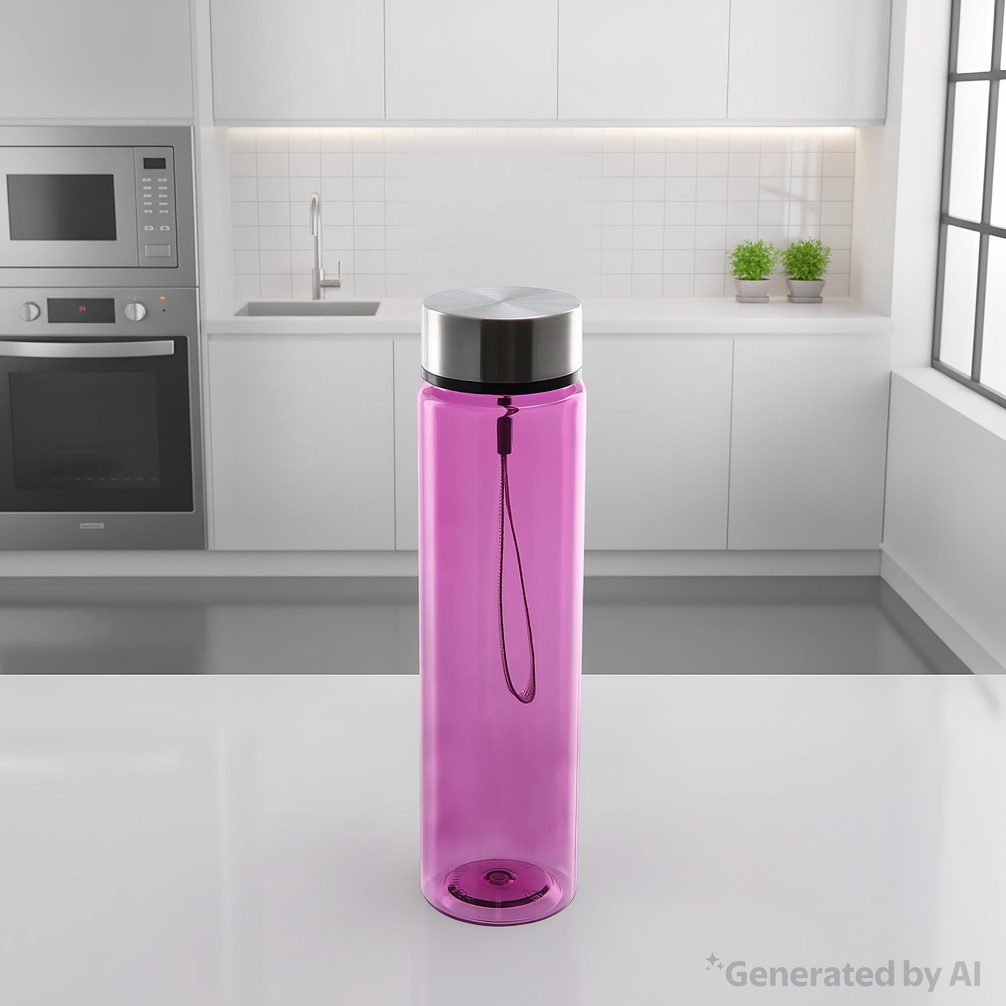 Mainstays 18 oz Plastic Purple Water Bottle Stainless Steel Screw Cap Lid with Strap, 1 Each Included