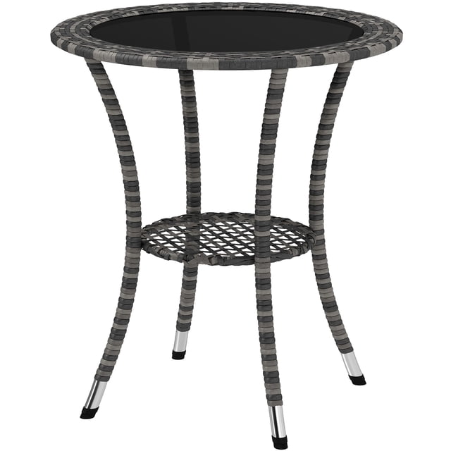 Round Outdoor Rattan Coffee Table with Storage | Patio Dining Table - Grey PE Wicker & Tempered Glass | 25.2" Dia x 28"H | Garden & Backyard Furniture