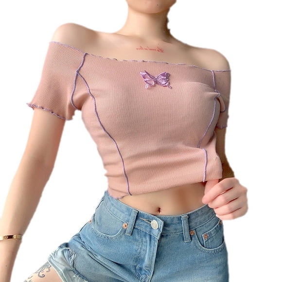 Women´s Short Shirt, Cropped Top, Butterfly Embroidery Knitting Slimming Short-Sleeved Party Clothes Summer