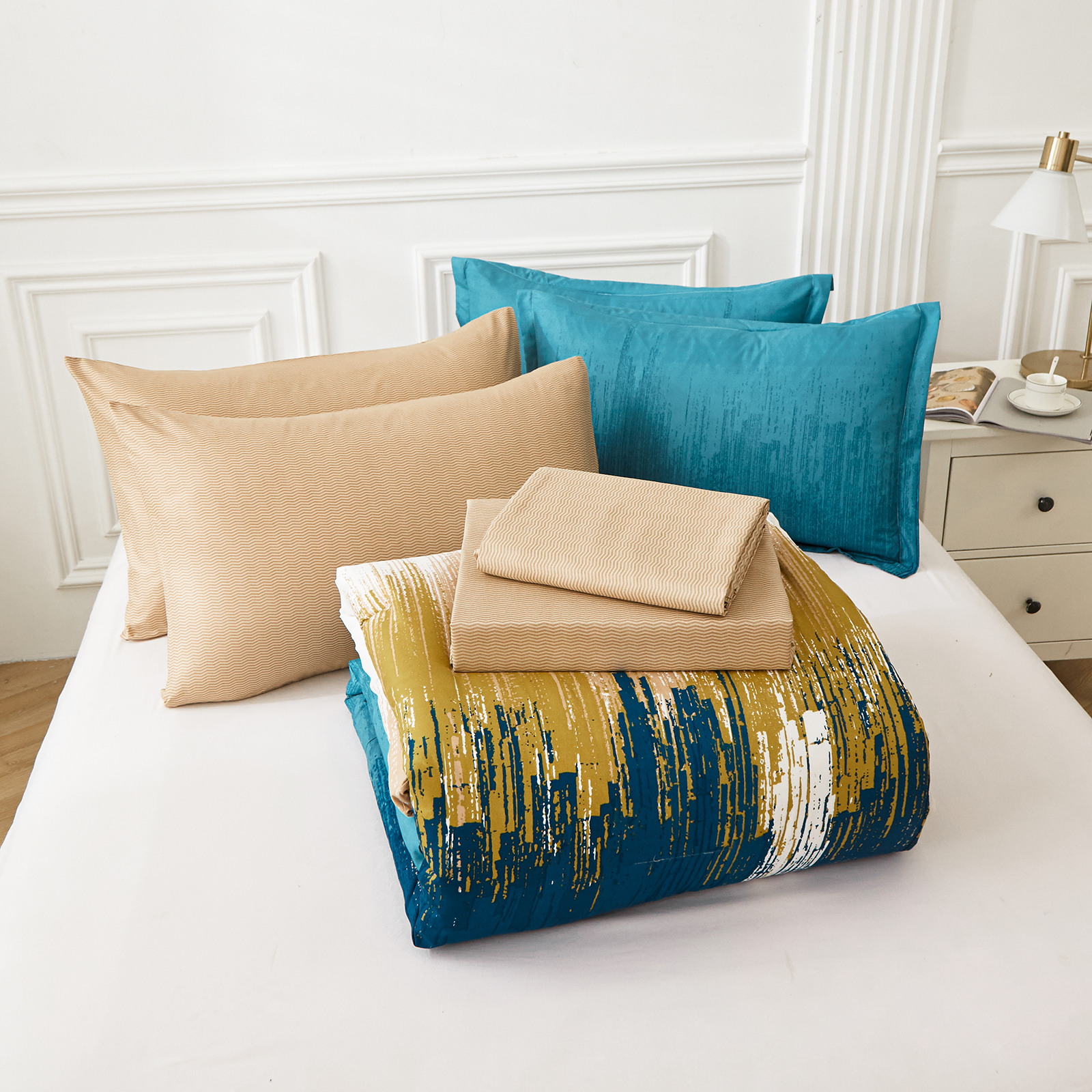 Dintszyayue Comforter Set Queen,Yellow Blue 7Pcs Abstract Gradient Soft Bed in a Bag Adult(90"x90")