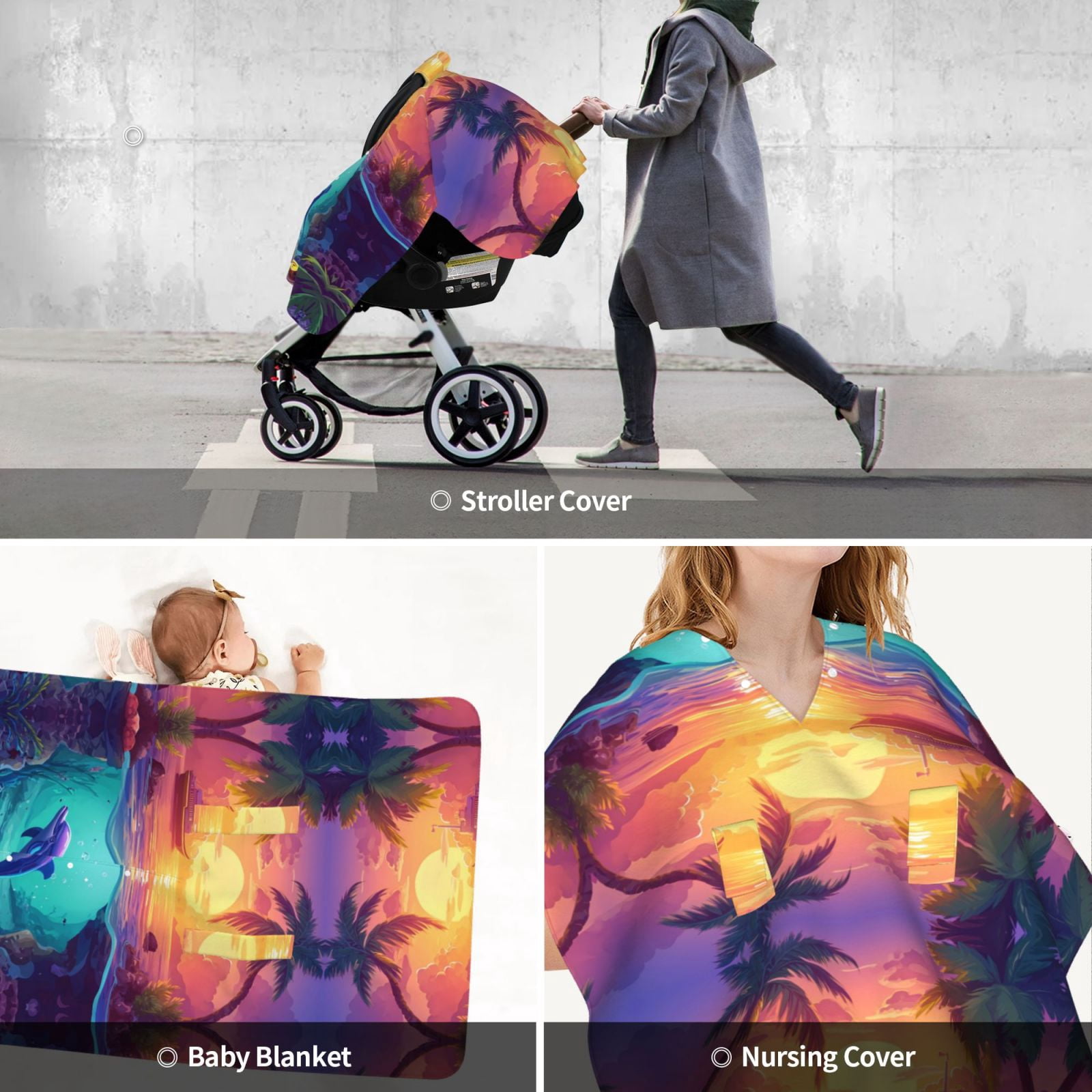 Car Seat Cover Baby - Hawaiian Island Dolphin Breathable Infant Car Seat Cover for Baby Carseat, Lightweight Comfort Baby Essentials Must Haves Newborn Stuff for Girl Boy