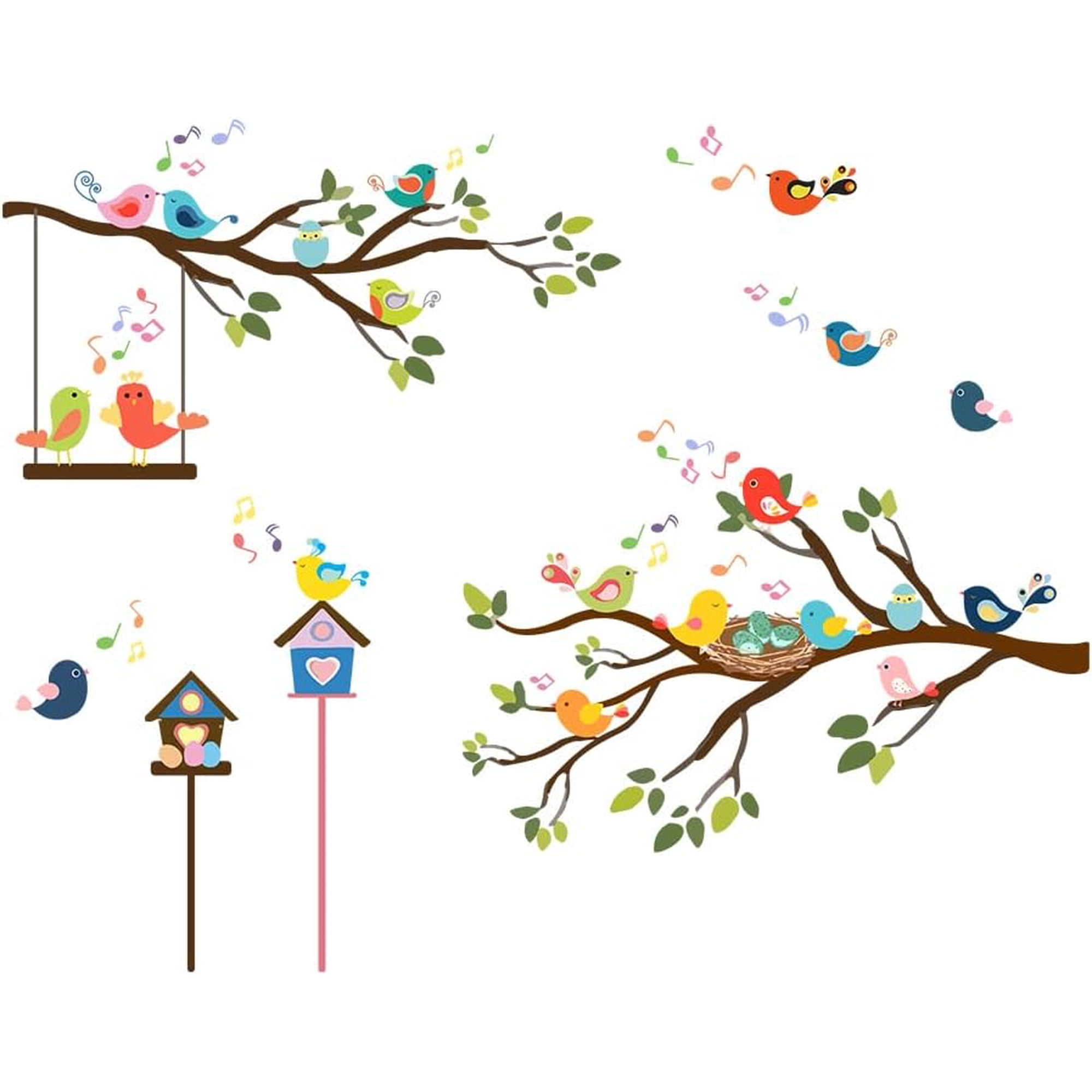Cartoon Robin Wall Stickers Singing Birds Vinyl Decals Bird Standing on The Branch Wall Stickers Green Leafy Branches Decor for Living Room Bedroom TV Decorations