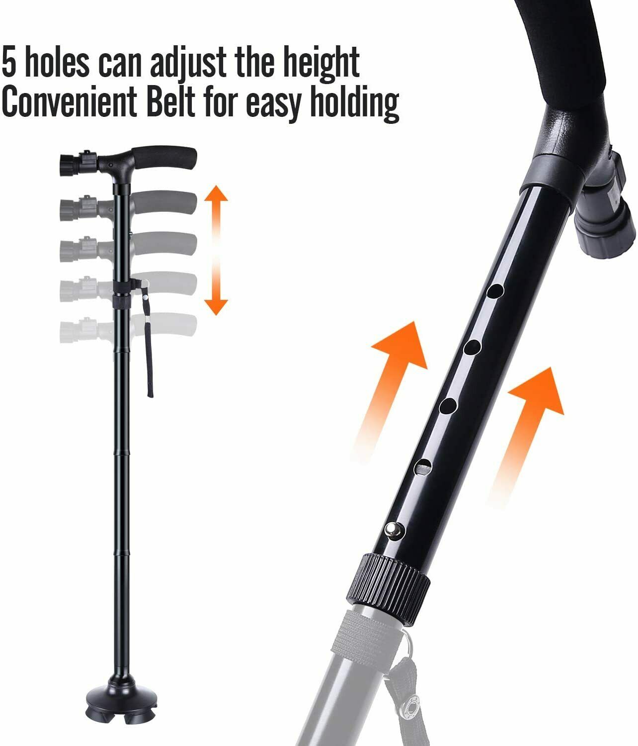 Portable Handle Walking Cane Walking Stick Folding LED Safety 4 Head Pivoting Trusty Base Black - image 4 of 10