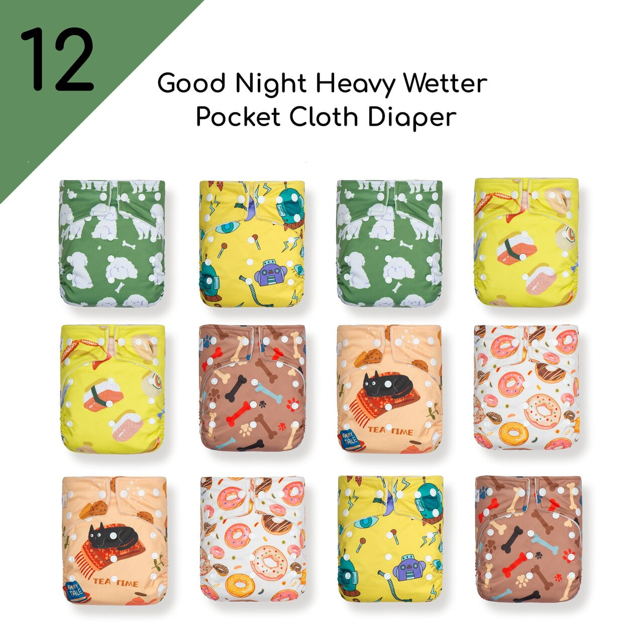 12 KaWaii Baby One Size Good Night Heavy Wetter Pocket Cloth Diapers