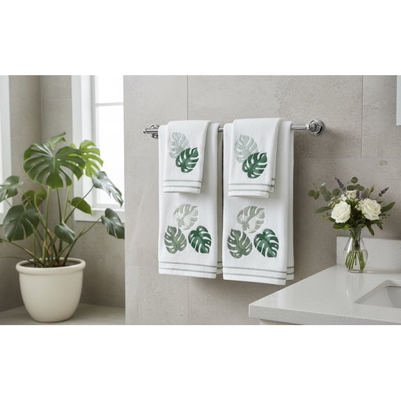 Serafina Home Tropical Palm Leaves Theme Bath Towels Set, 4 Pieces, Embroidered Monstera Leaves, 100% Cotton 2 Fingertip Towels & 2 Hand Towels
