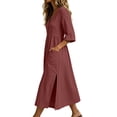 thumbnail image 6 of CHGBMOK Cotton Linen Dresses for Women Fall 3/4 Sleeve V Neck Fitted Waist Dress Side Slit Midi Dress with Pockets, 6 of 6