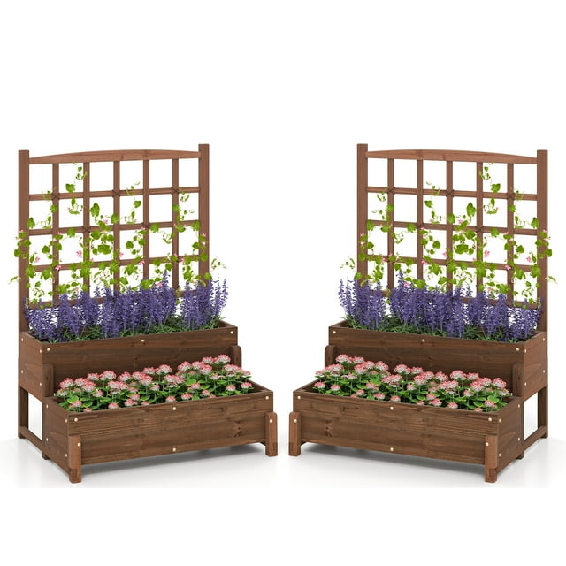 Gymax 2PCS Raised Garden Bed w/Trellis Drainage Holes Legs Twisting Rope for Backyard