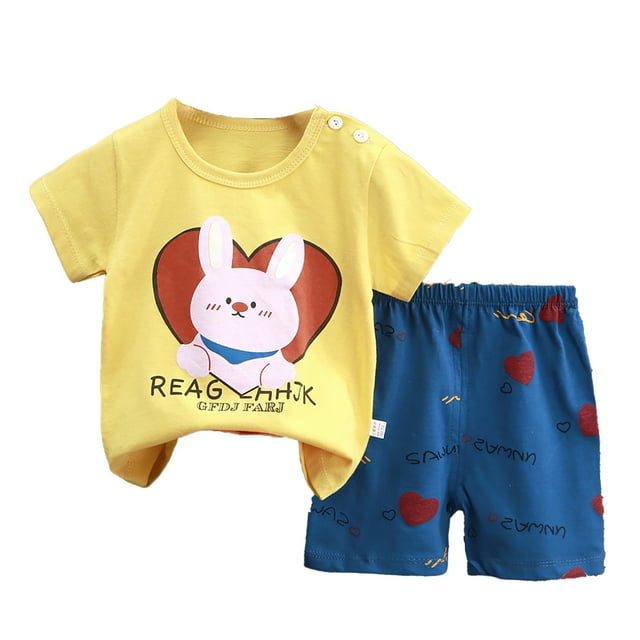 Toddler Boys Summer Outfit Set Two Piece Pajamas with Cute Cartoon and Floral Pattern Designs