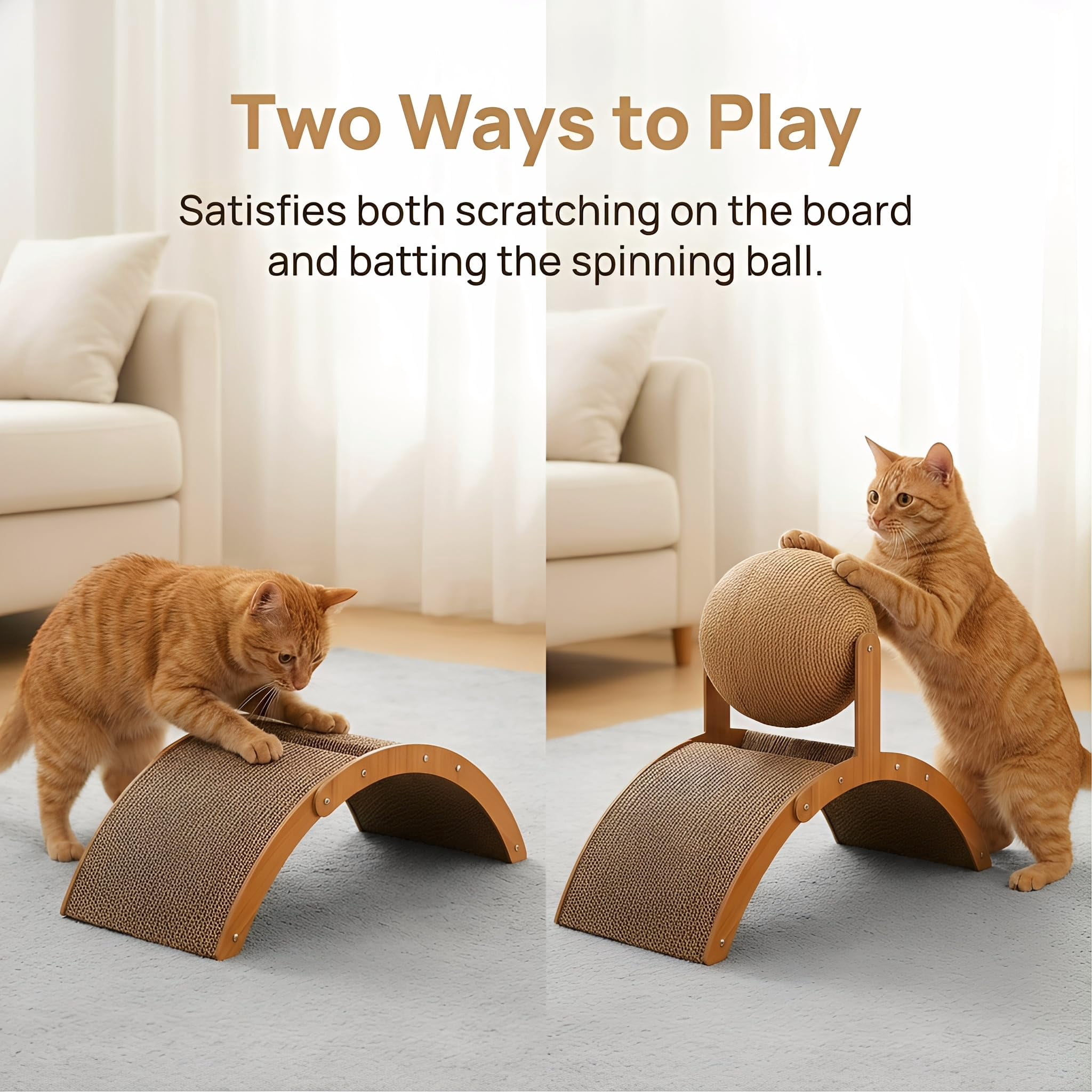 Cat Scratching Ball on Stand, Solid Wood Interactive Cat Scratcher with Arch Bridge & 360° Rotating Ball – Durable Cats Toy for Indoor Cats & Kittens, Prevents Furniture Damage (21.6 * 8.8 * 15.7in)