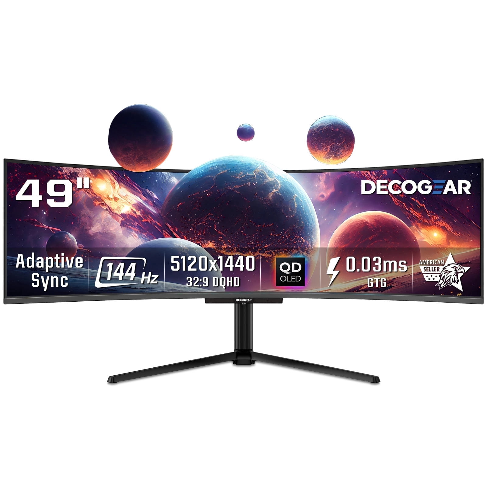 Deco Gear 49" Curved QD-OLED Ultrawide Monitor, 5120x1440 0.03ms 144Hz, HDR400 True Black 32:9 Adaptive Sync, 100% sRGB HDMI 2.1 90W USB-C, KVM Built-in Speakers Adjustable Stand