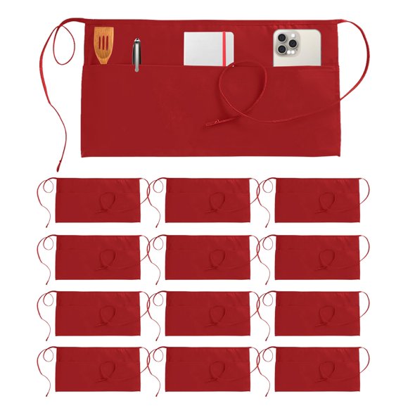 Utopia Wear Delantal de cintura con 3 bolsillos [paquete de 12] Camarera corta para hombres y mujeres, cocina, restaurante, manualidades, barbacoa, trabajo, delantales (rojo)