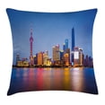 thumbnail image 1 of Urban Throw Pillow Cushion Cover, City Skyline of Shanghai China on Huangpu River Dusk Famous Travel Destination, Decorative Square Accent Pillow Case, 16 X 16 Inches, Blue Pink Yellow, by Ambesonne, 1 of 2