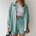 thumbnail image 4 of Linen Sets for Women 2 Piece Summer Long Sleeve Button Down Shirts High Waisted Shorts Set Oversized Tracksuit Mint Green, Size XXL, 4 of 6
