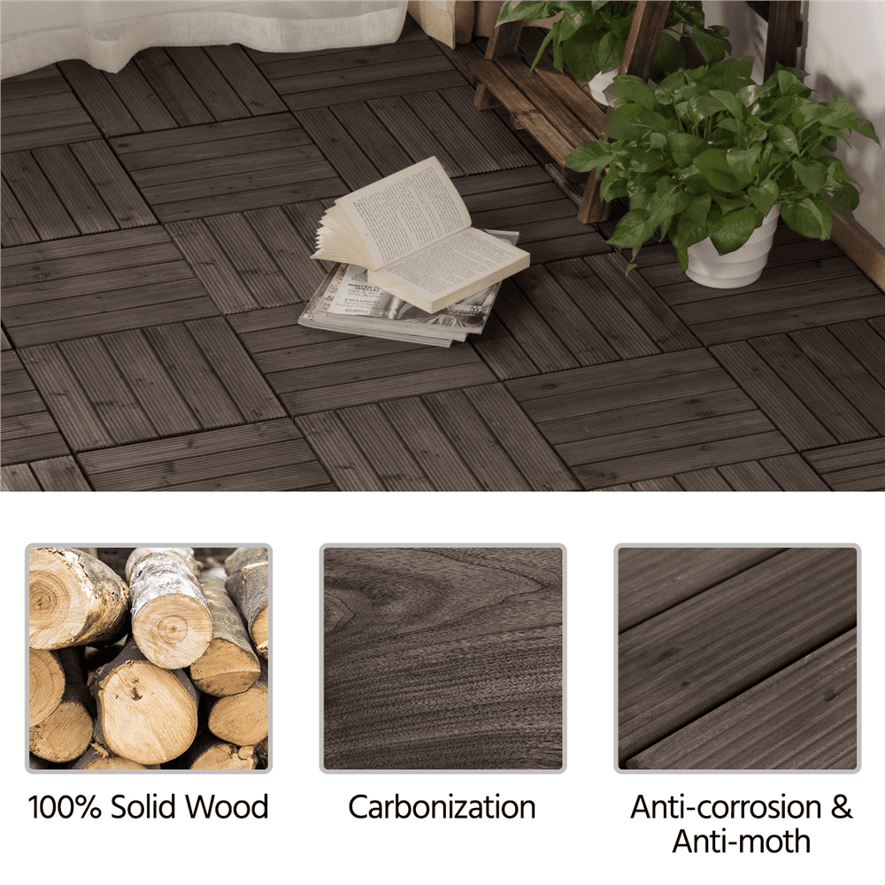 Smile Mart 12" x 12" Interlocking Wood Flooring Tiles for Indoor & Outdoor, 11pcs, Black