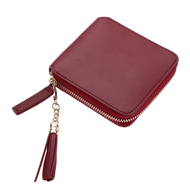 MasteelfCA Portefeuille à Fermeture Éclair pour Femmes Sac à Main Court avec Pompon (Rouge Vin)