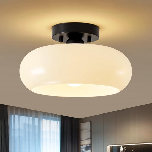 WOKNOS Mid-Century Modern Semi Flush Mount Ceiling Light, Metal Kitchen Light Fixture with Glass Shade,Vintage White and Black Co