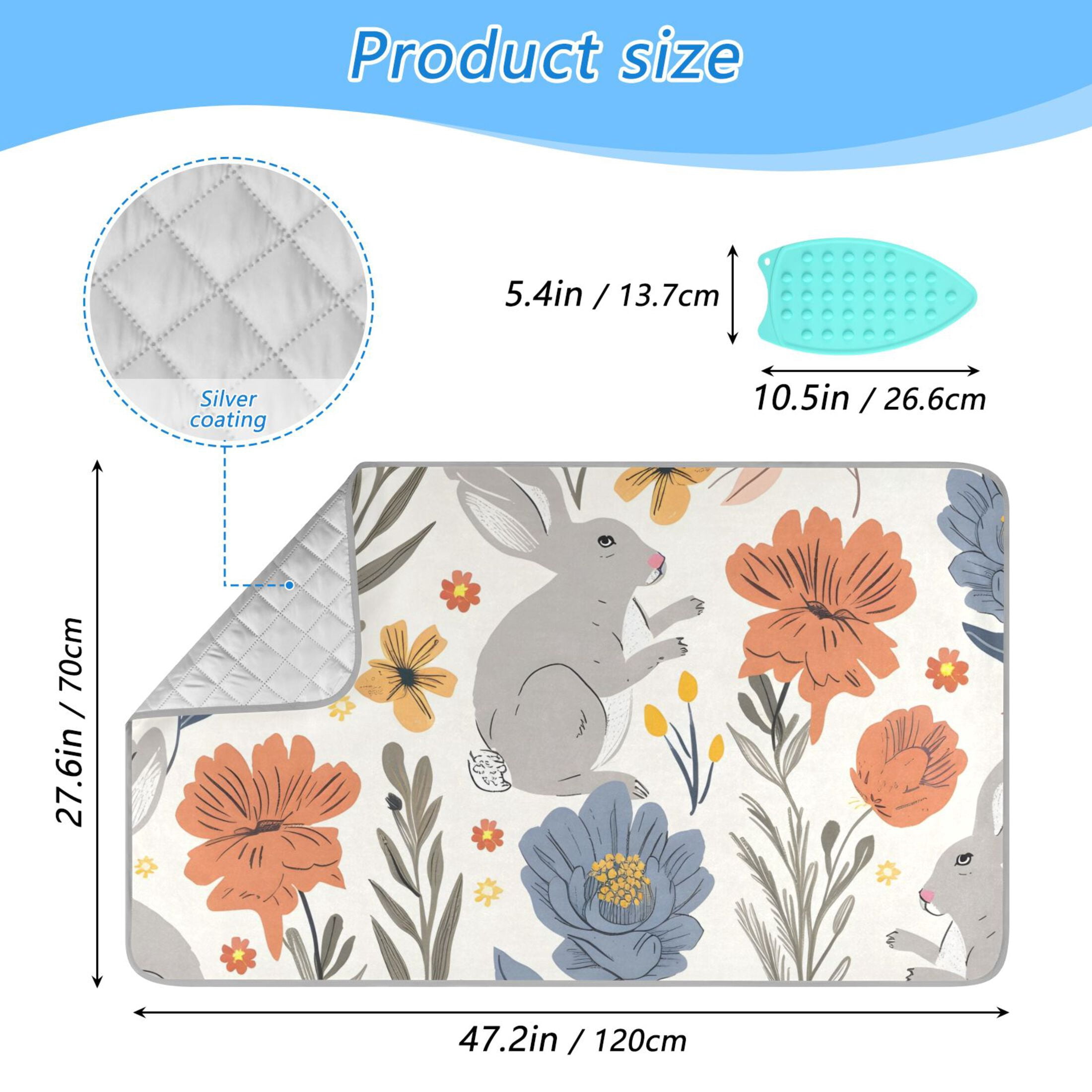Colorful Flowers and Lovely Rabbits Ironing Mat Blanket Portable Travel Ironing Pad Heat Resistant Pad 47.2" x 27.6”
